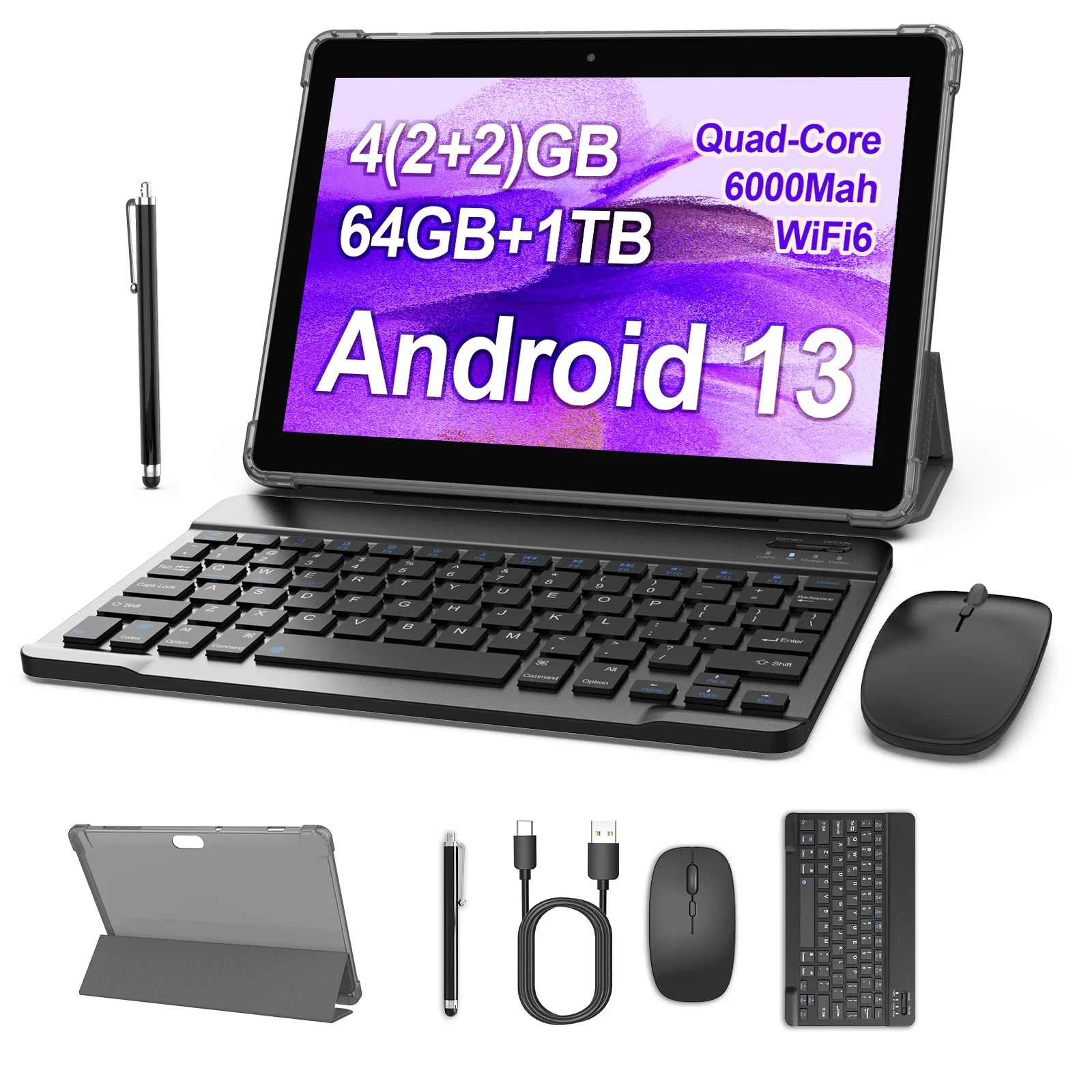 BAKEN 10.1-inch Android13 tablet, 4(2+2)GB+64GB, quad-core processor, dual cameras, wifi, Bluetooth, 2-in-1 tablet