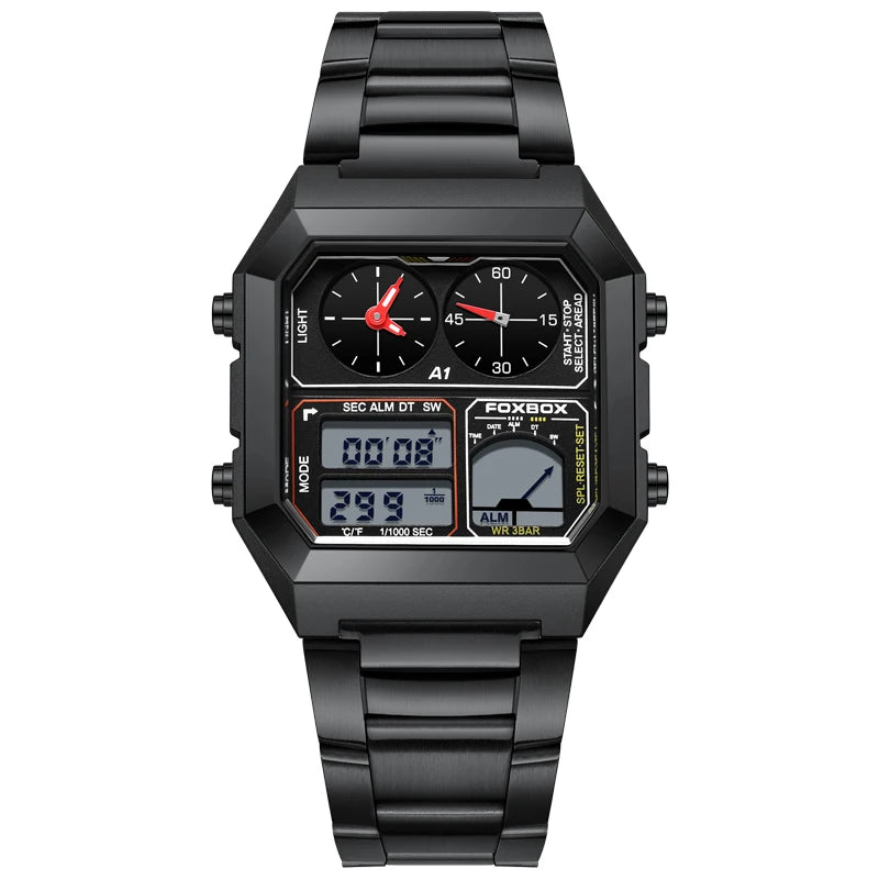 FOXBOX Men's Electronic Watch Fashion Calendar Luminous Waterproof Stainless Steel Strap Alarm Clock Sports Digital Watches+Box