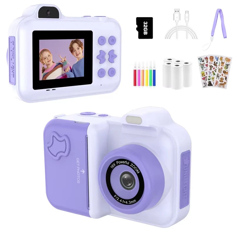 Kids Camera Instant Print Gifts Toys 1080P HD Dual-Lens Selfie Digital Camera with 5 Rolls Print Paper Stickers Pens & 32G Card