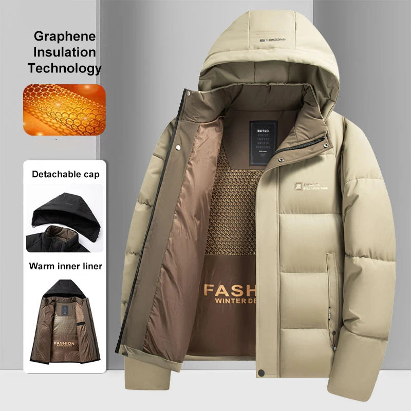 Graphene Warm Windproof Jacket Men 2024 Winter New Fashion Comfortable Thickened Outdoor Hooded Overcoat Male Casual Clothes
