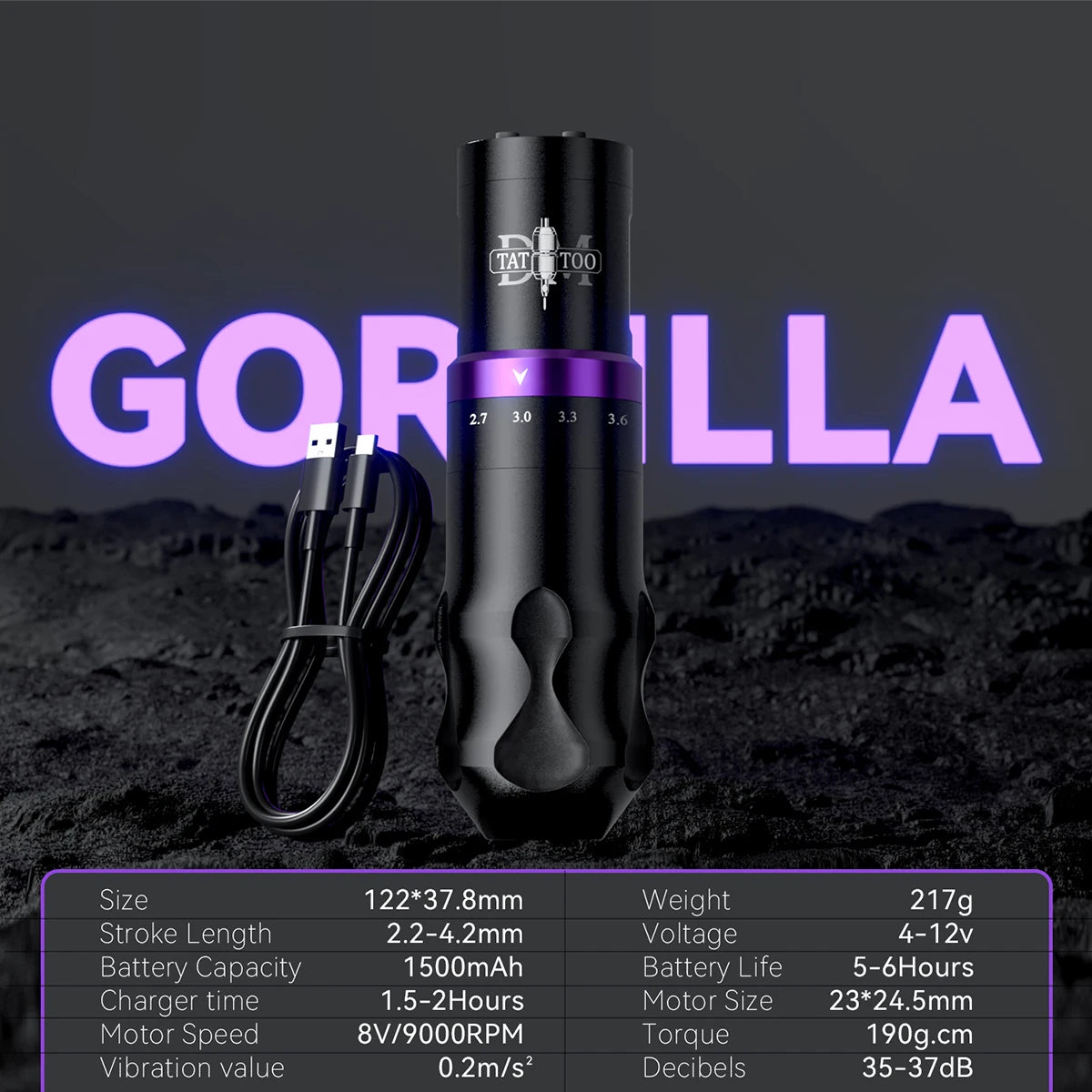 DM Gorilla Wireless Tattoo Kit Adjustable Stroke Tattoo Machine 1500mAh Powerful Customized Low Noise Motor For Permanent Makeup