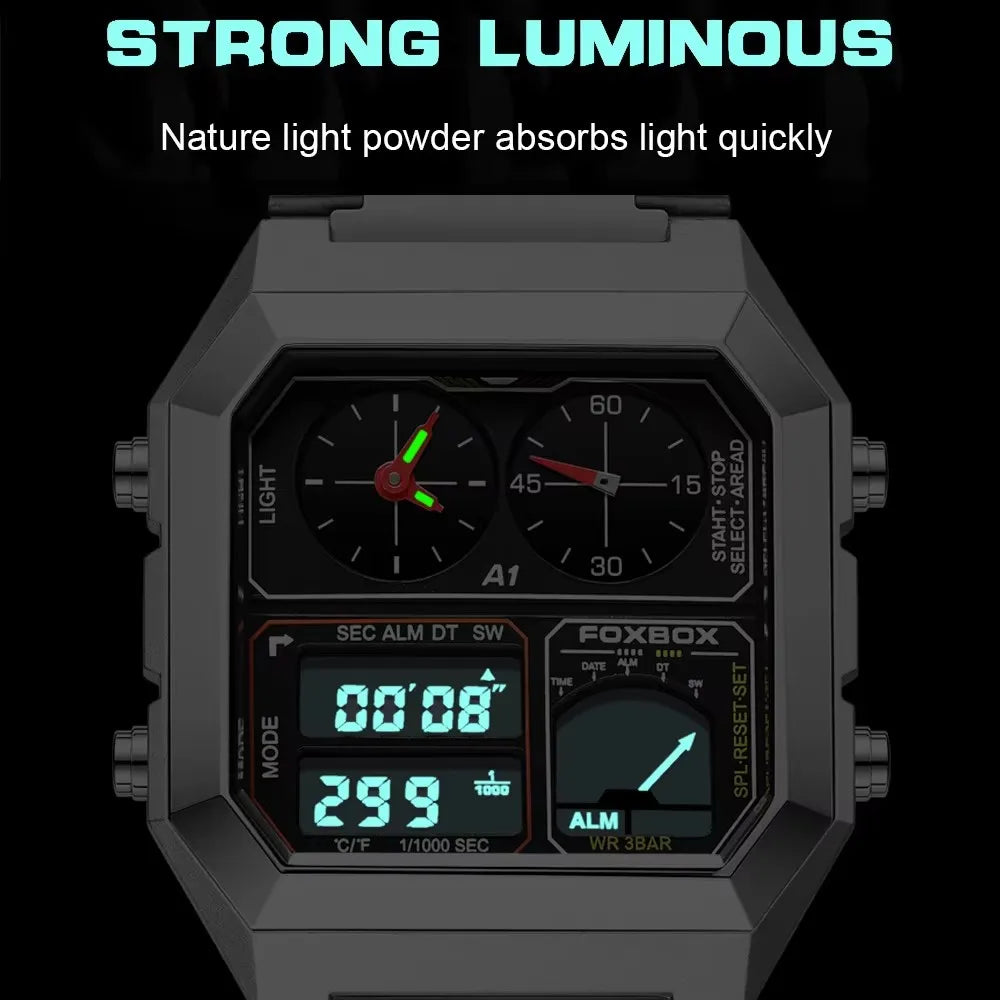 FOXBOX Men's Electronic Watch Fashion Calendar Luminous Waterproof Stainless Steel Strap Alarm Clock Sports Digital Watches+Box
