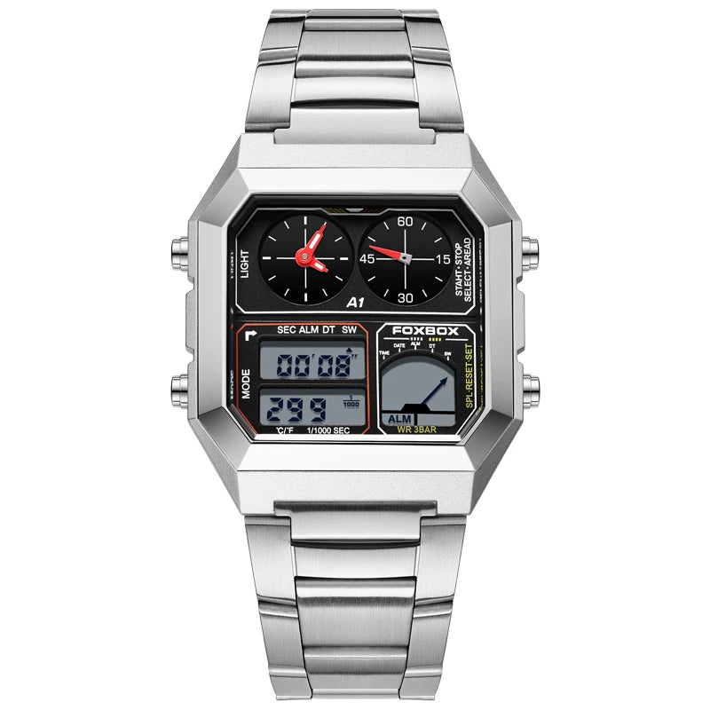FOXBOX Men's Electronic Watch Fashion Calendar Luminous Waterproof Stainless Steel Strap Alarm Clock Sports Digital Watches+Box