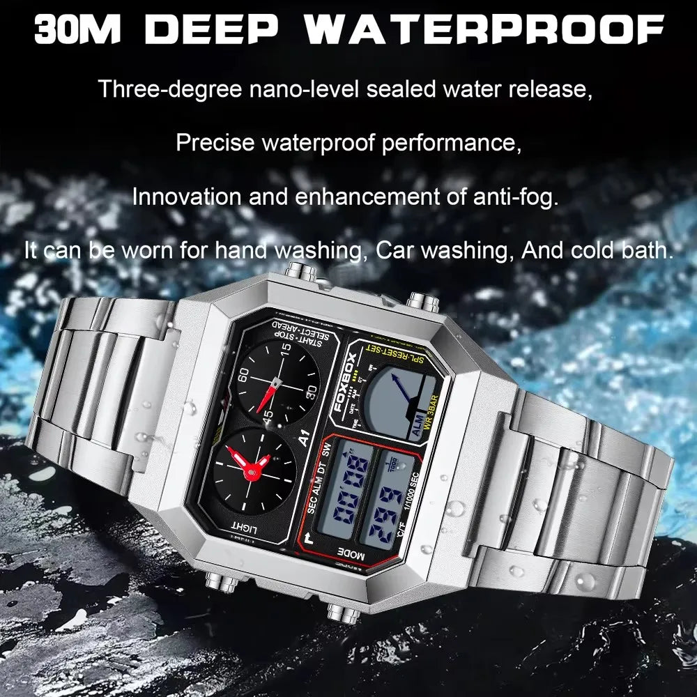 FOXBOX Men's Electronic Watch Fashion Calendar Luminous Waterproof Stainless Steel Strap Alarm Clock Sports Digital Watches+Box