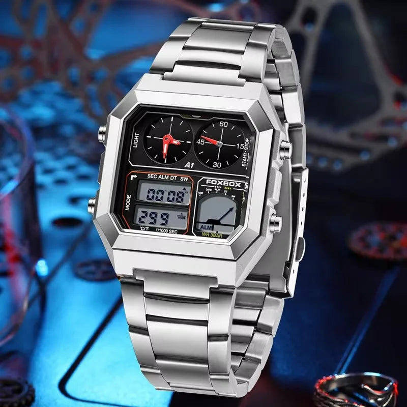 FOXBOX Men's Electronic Watch Fashion Calendar Luminous Waterproof Stainless Steel Strap Alarm Clock Sports Digital Watches+Box
