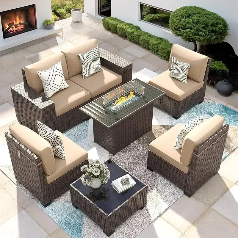 RPD4-7 Piece Patio Furniture Set Fire Pit Table. Outdoor Conversation Sets Wicker Rattan Sectional Sofa with Coffee TSZ