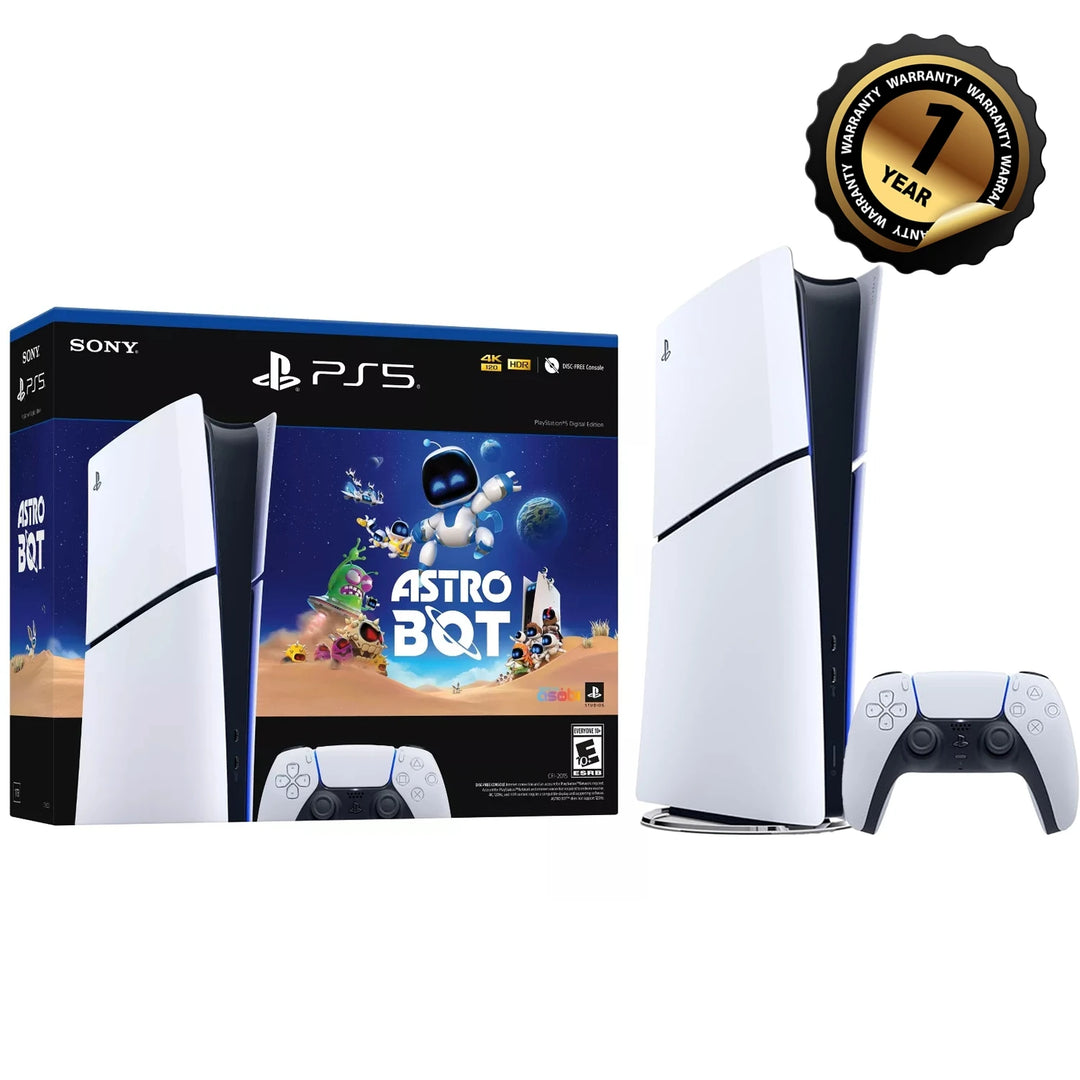 PlayStation5 Digital Edition console with ASTRO BOT bundle packaging and controller, showcasing next-gen gaming features.