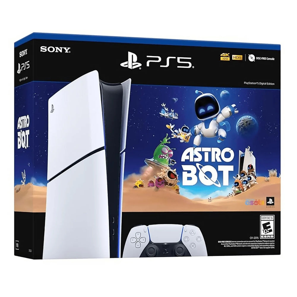 PlayStation5 Digital Edition bundle with ASTRO BOT Rescue Mission game, featuring 4K graphics and disc-free gaming.