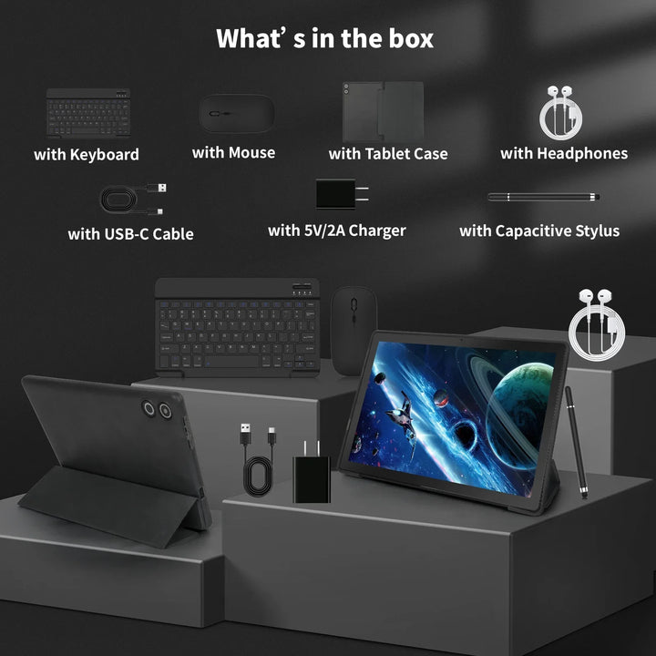 Android 14 10 inch Tablet, A523 Octa Core, 8GB RAM + 64GB ROM(TF 1TB), 5000mAh, Face Unlocked,Black+Keyboard & Mouse Set, Black