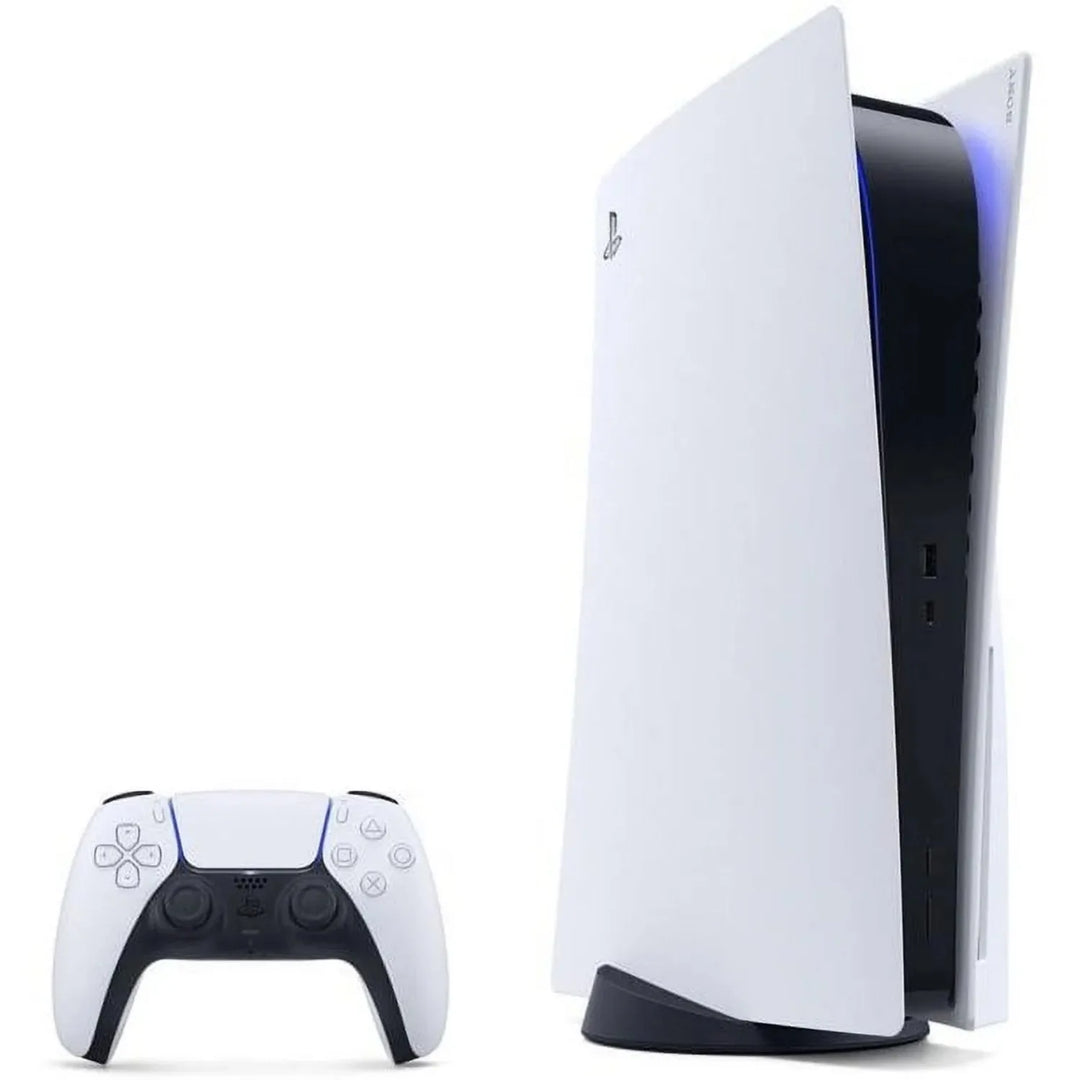 PlayStation5 Digital Edition console with controller displayed at an angle, showcasing modern design and features.
