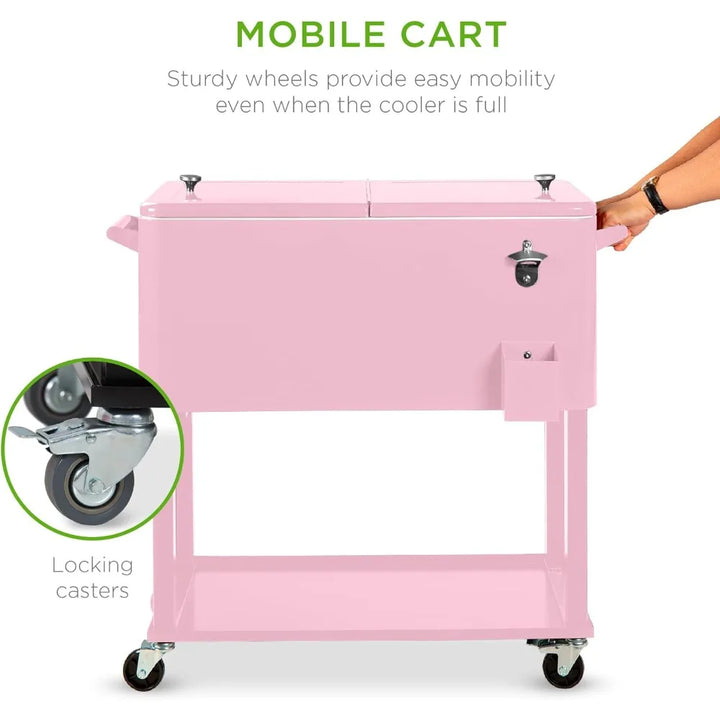 80-Quart Outdoor Steel Rolling Cooler Cart w/Ice Chest, Bottle Opener, Catch Tray, Drain Plug, Locking Wheels