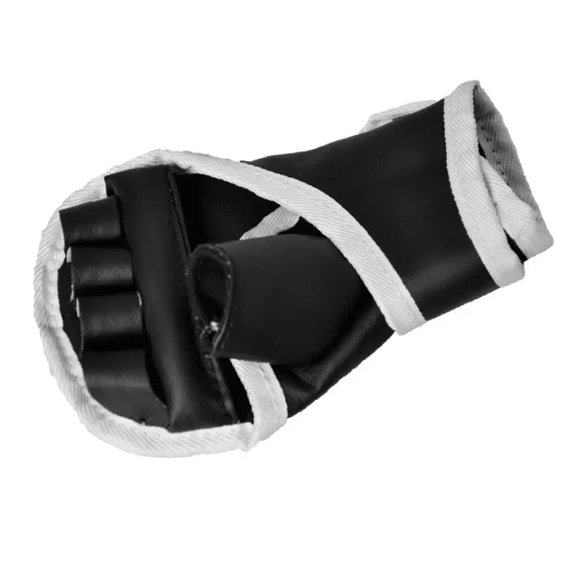 1Pair Black Half Finger Boxing Gloves PU Leather Fighting Kick Boxing Gloves Karate Muay Thai Training Workout Gloves Kids Men