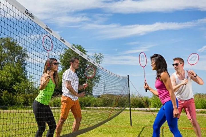 Portable Volleyball & Badminton Combo Set with 4 Racquets, Net, Ball, Pump & Carry Bag for Outdoor Fun