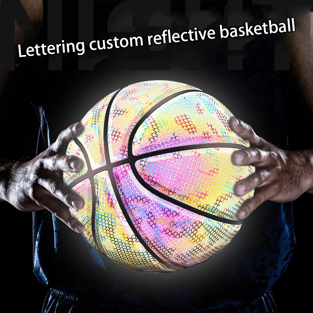 Luminous Basketball Ball Holographic Reflective Lighted Flash Ball PU Wear-Resistant Glowing Basketball Night Sports Game