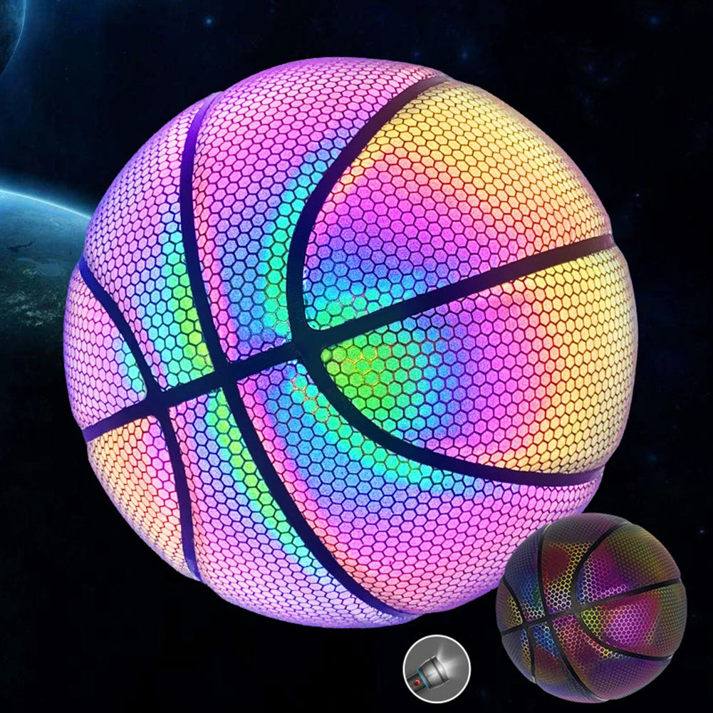 Luminous Basketball Ball Holographic Reflective Lighted Flash Ball PU Wear-Resistant Glowing Basketball Night Sports Game