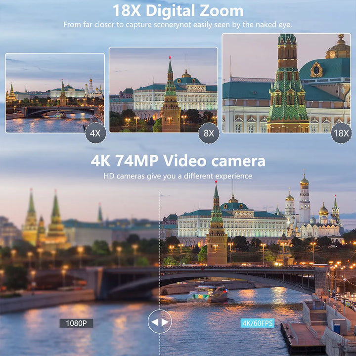 75MP Digital Camera for Photography & Video, 4K VloggingCamera with 3inch Touch Flip Screen &18X Digital Zoom, AutofocusCompact