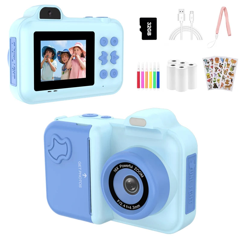 Kids Camera Instant Print Gifts Toys 1080P HD Dual-Lens Selfie Digital Camera with 5 Rolls Print Paper Stickers Pens & 32G Card