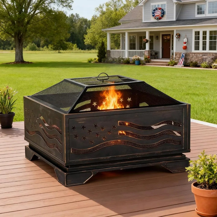 32 Inch Square-Shaped Fire Pit, Outdoor Fire Pits with Spark Screen & Poker, Metal Square Wood Burning Firepits for Outside, Bac