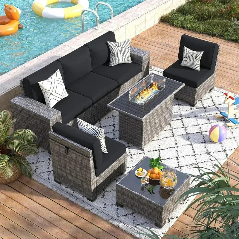 RPD4-7 Piece Patio Furniture Set Fire Pit Table. Outdoor Conversation Sets Wicker Rattan Sectional Sofa with Coffee TSZ