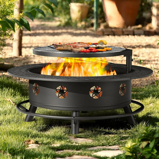 43 Inch Fire Pit with BBQ Grill, Wood Burning Fire Pits for Outside with Lid & Poker, Extra Large Heavy Duty Firepits, BBQ & Out