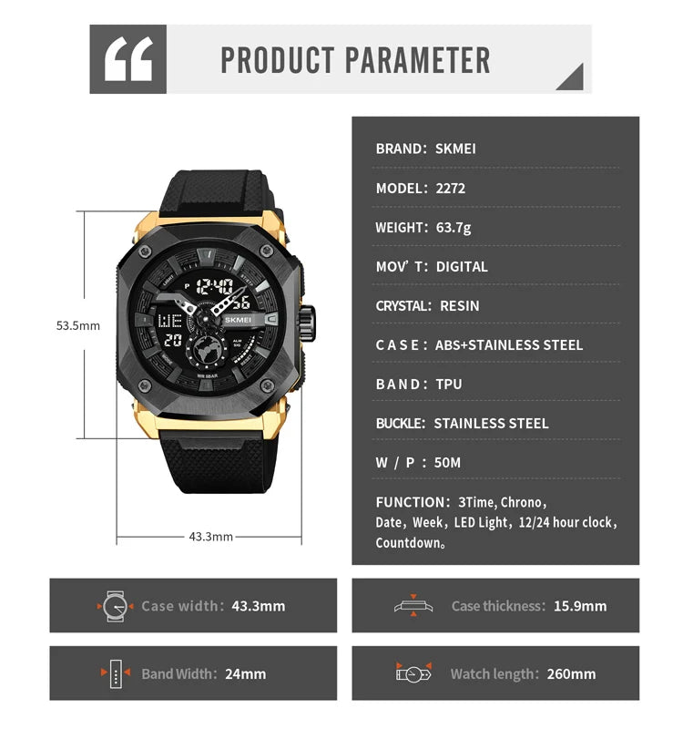 SKMEI 3 Time LED Light Digital Sport Mens Watch Multifunctional Countdown Wristwatches 5Bar Waterproof Date Alarm reloj hombre