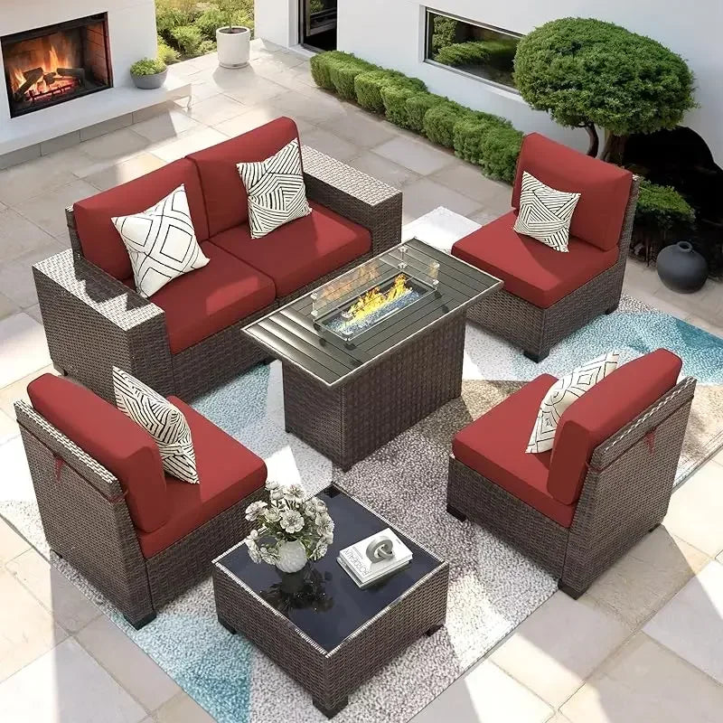 RPD4-7 Piece Patio Furniture Set Fire Pit Table. Outdoor Conversation Sets Wicker Rattan Sectional Sofa with Coffee TSZ
