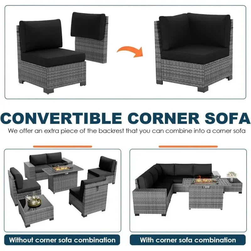 RPD4-7 Piece Patio Furniture Set Fire Pit Table. Outdoor Conversation Sets Wicker Rattan Sectional Sofa with Coffee TSZ