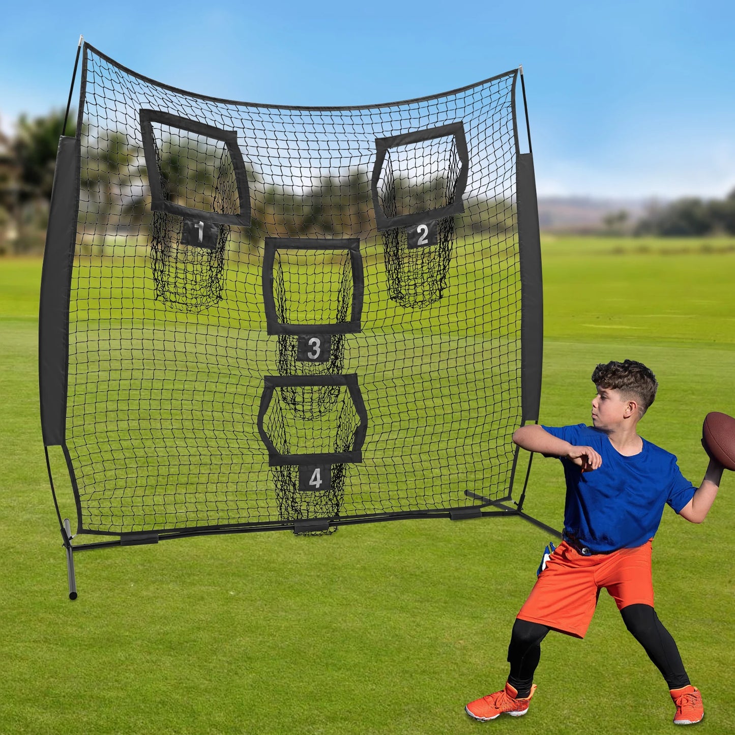 Football Target Net, 7*7ft Football Trainer Throwing Net, Football Training Net with 4 Target Pockets for Sports Grounds