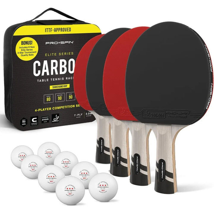 PRO-SPIN Ping Pong Paddles Set of 4 – ITTF Approved Carbon Table Tennis Rackets and Balls Professional Quality