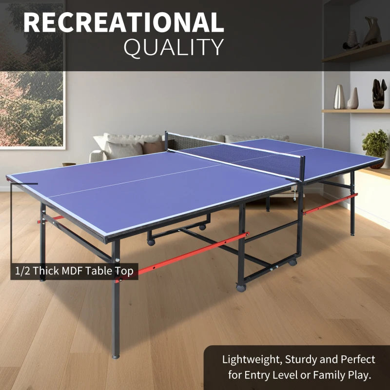 8ft Mid-Size Table Tennis Table Foldable & Portable Ping Pong Table Set for Indoor Games with Net, 2 Table Tennis Paddles and 3