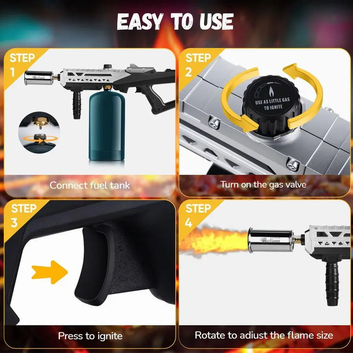 Easy to use adjustable grill torch gun with step-by-step instructions for ignition and flame adjustment.