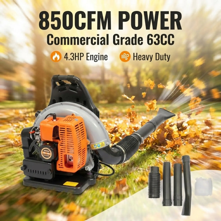 Heavy Duty 63CC Engine Landscape Snow Removal Backpack Gasoline Leaf Blower Delivers 850CFM Strong Wind And Easy Start
