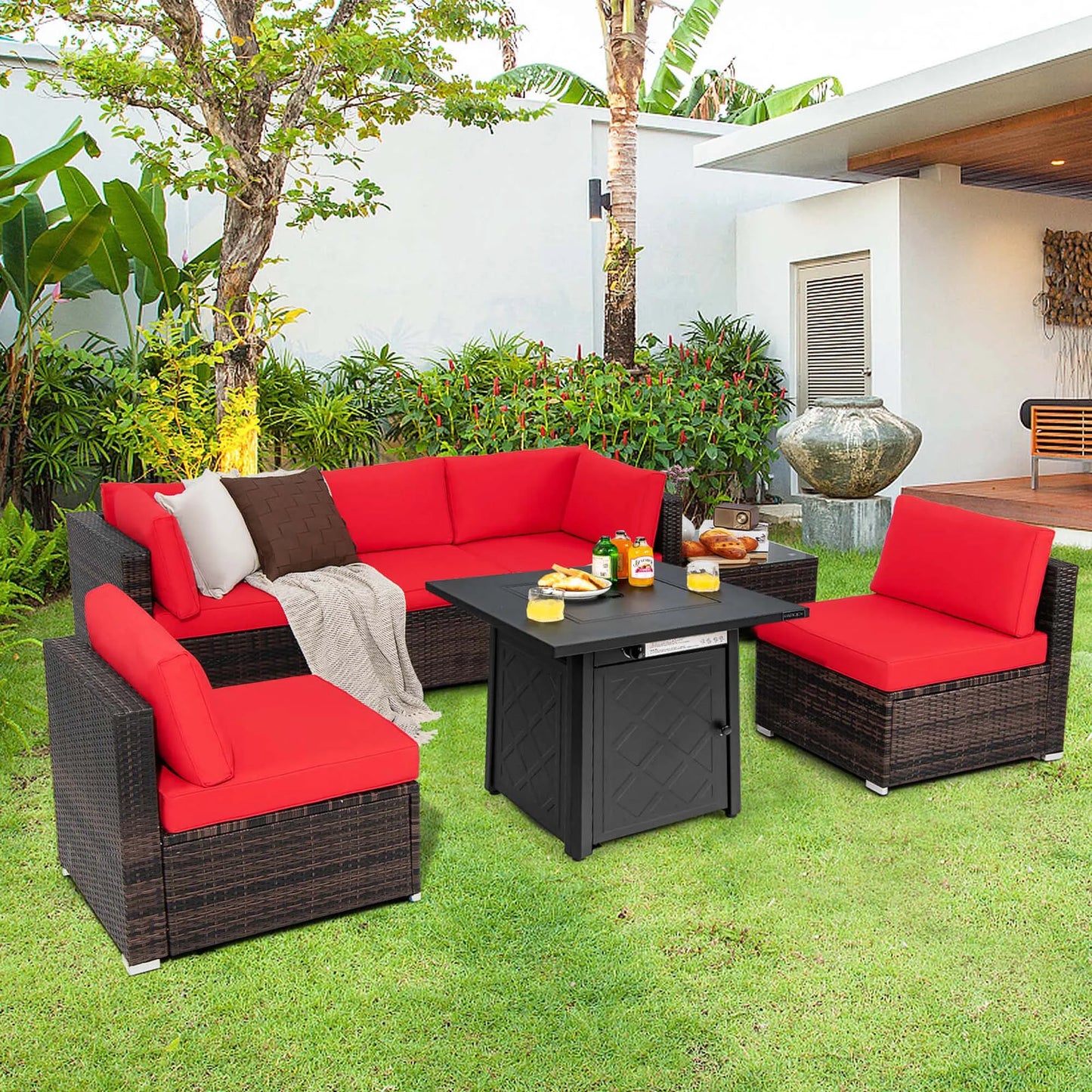 7 PCS Patio Furniture Set with 28" 50000 BTU Propane Gas Fire Pit Table Cushions Red