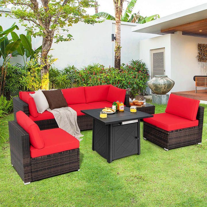 7 PCS Patio Furniture Set with 28" 50000 BTU Propane Gas Fire Pit Table Cushions Red