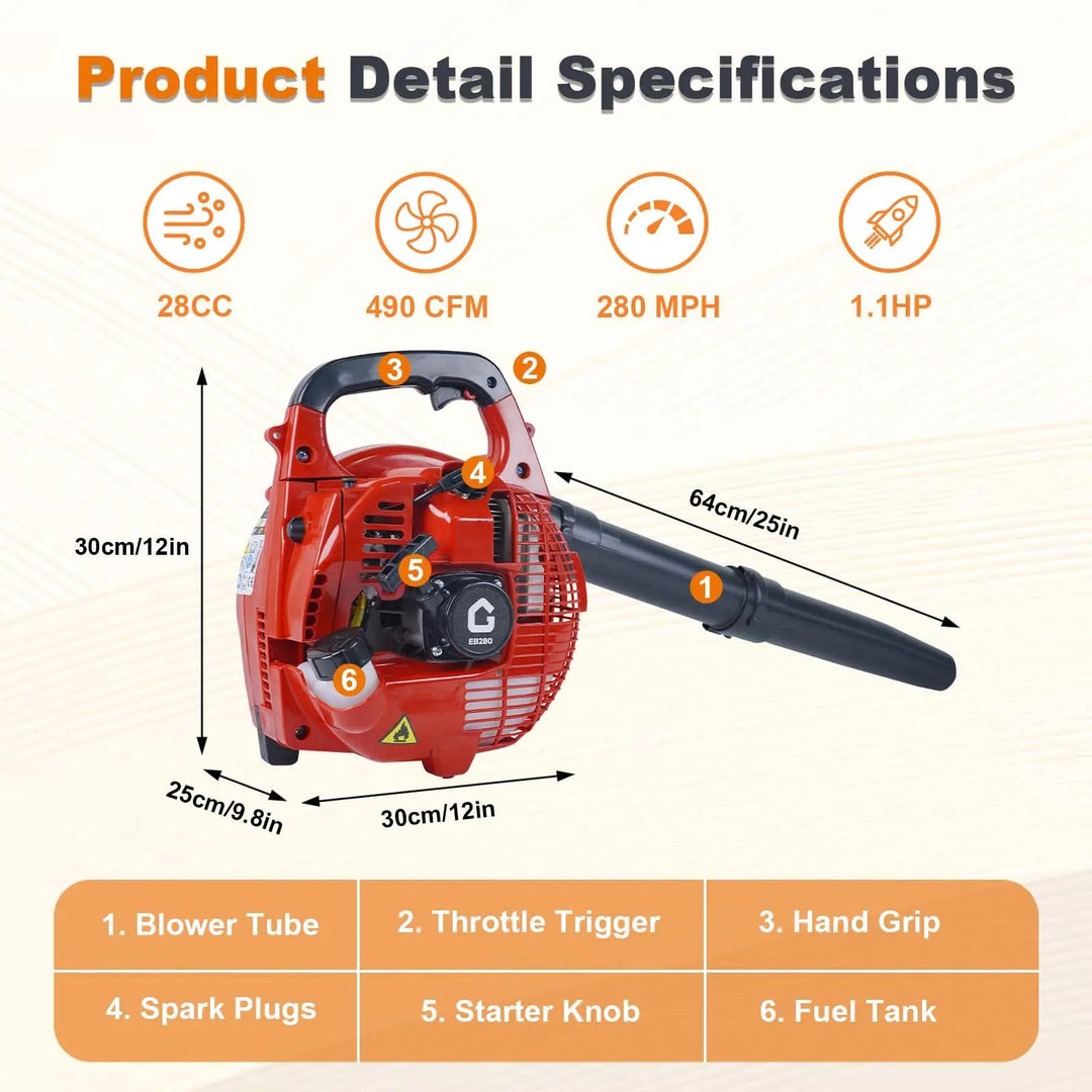Gas Powered Leaf Blower,2Stroke Gasoline Backpack Grass Blower with Air-Cooled, 880 CFM Air Volume, 320 MPH Speed, Variable Spee