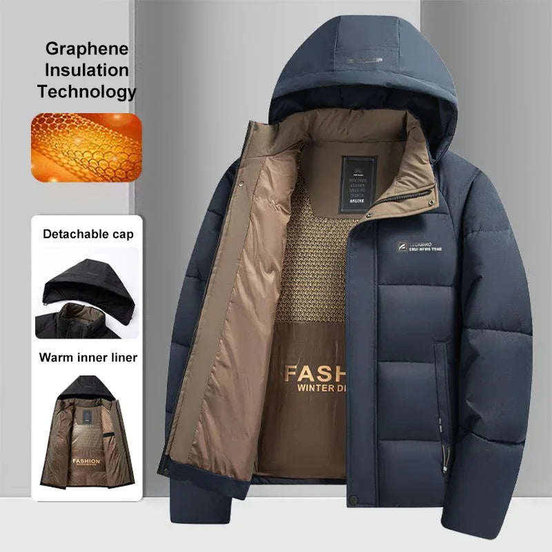 Graphene Warm Windproof Jacket Men 2024 Winter New Fashion Comfortable Thickened Outdoor Hooded Overcoat Male Casual Clothes