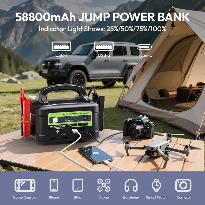 YESPER Car Jump Starter 6000A Peak, Portable 12V/24V Heavy Duty Truck Jumper Box, 58800mAh Battery Power Station