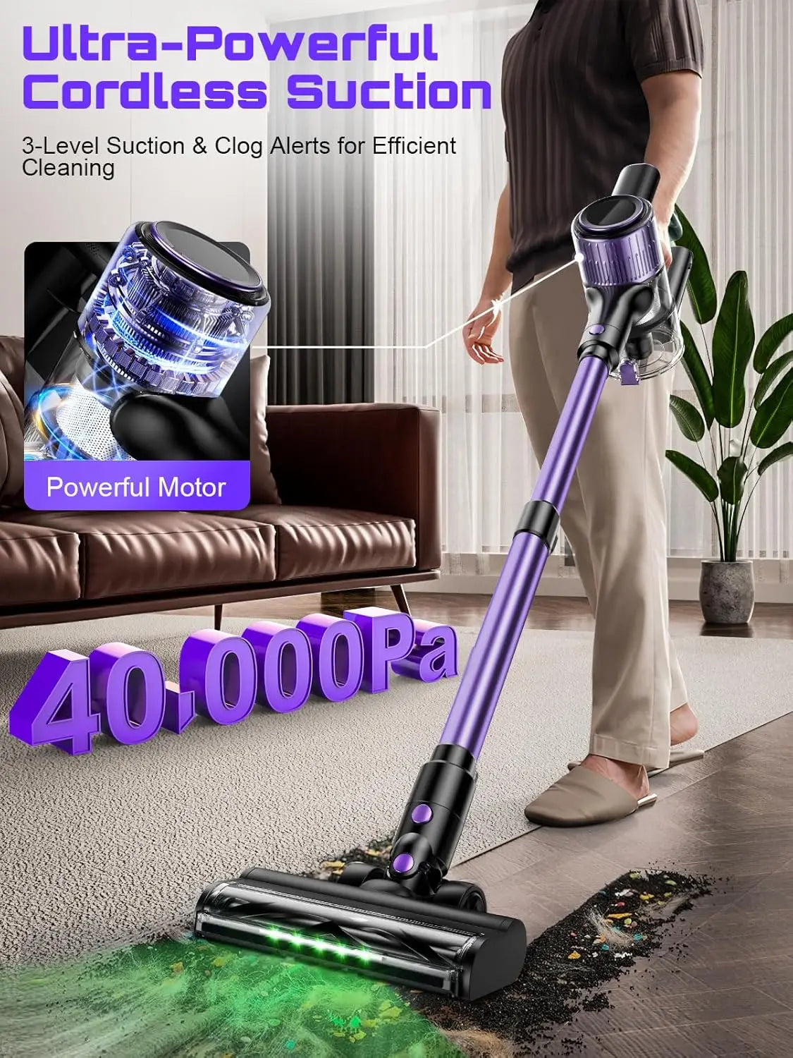 Cordless Vacuum Cleaner, 40Kpa/500W/45min 10 in 1 Powerful Stick Lightweight Vacuum Cleaner for Home Pet Hair/Hard Floor/Carpet