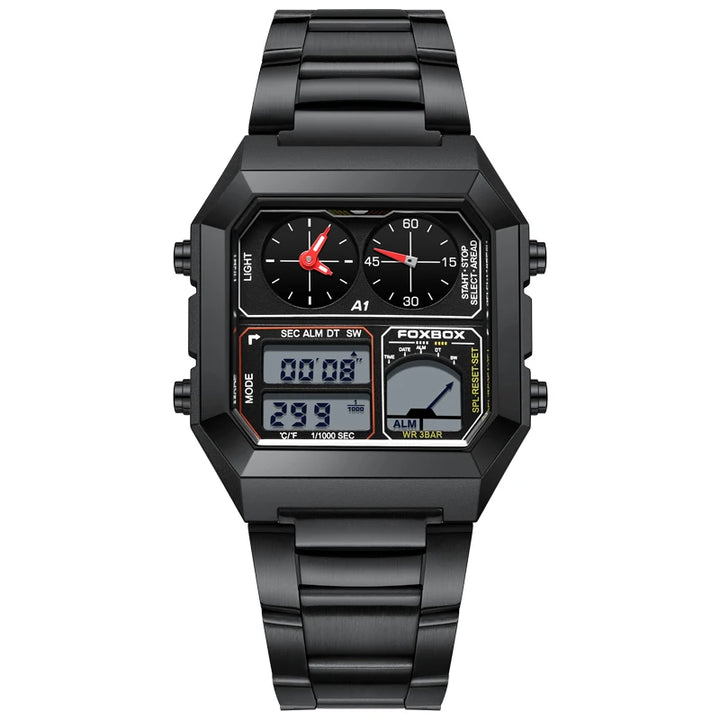 FOXBOX Men's Electronic Watch Fashion Calendar Luminous Waterproof Stainless Steel Strap Alarm Clock Sports Digital Watches+Box
