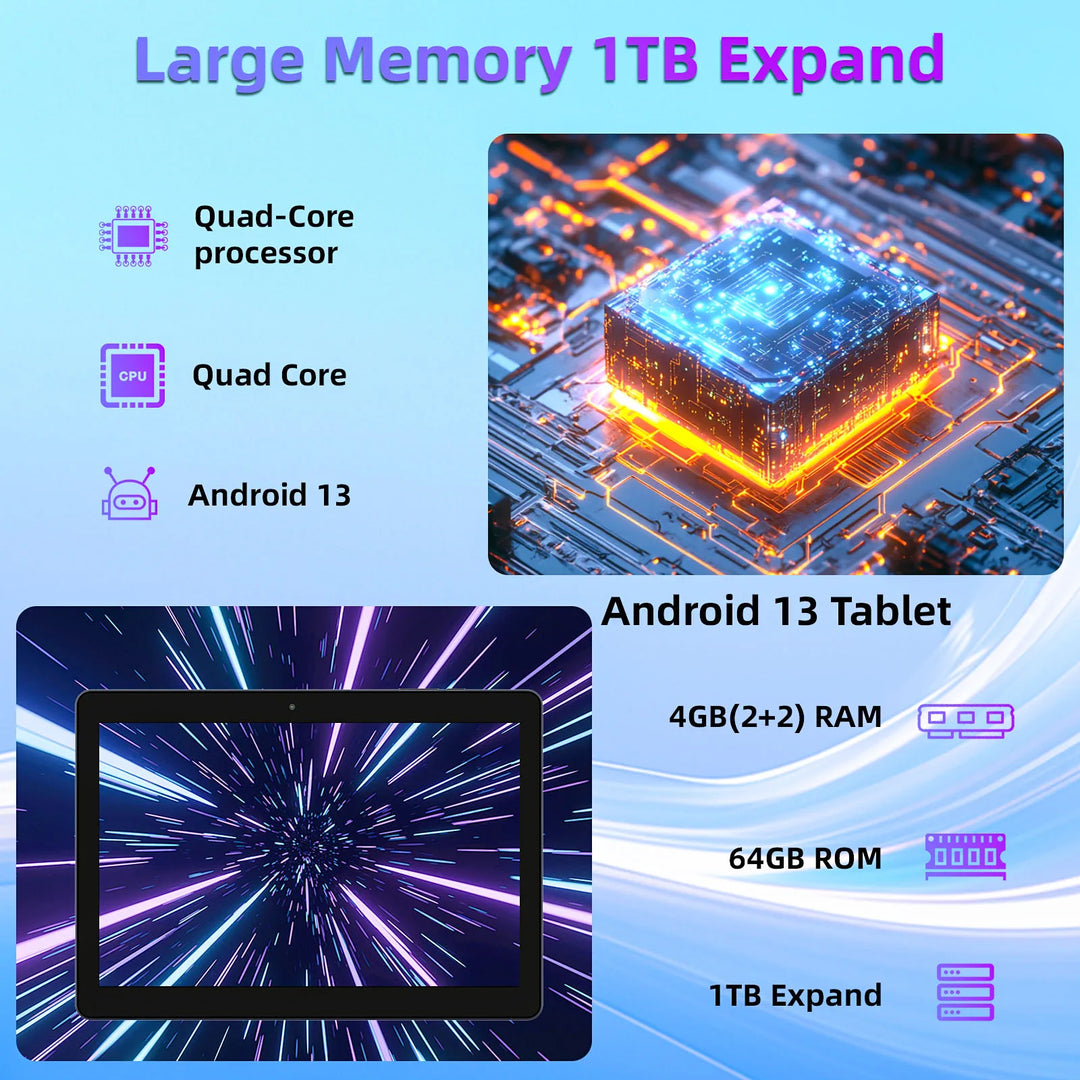 BAKEN 10.1-inch Android13 tablet, 4(2+2)GB+64GB, quad-core processor, dual cameras, wifi, Bluetooth, 2-in-1 tablet