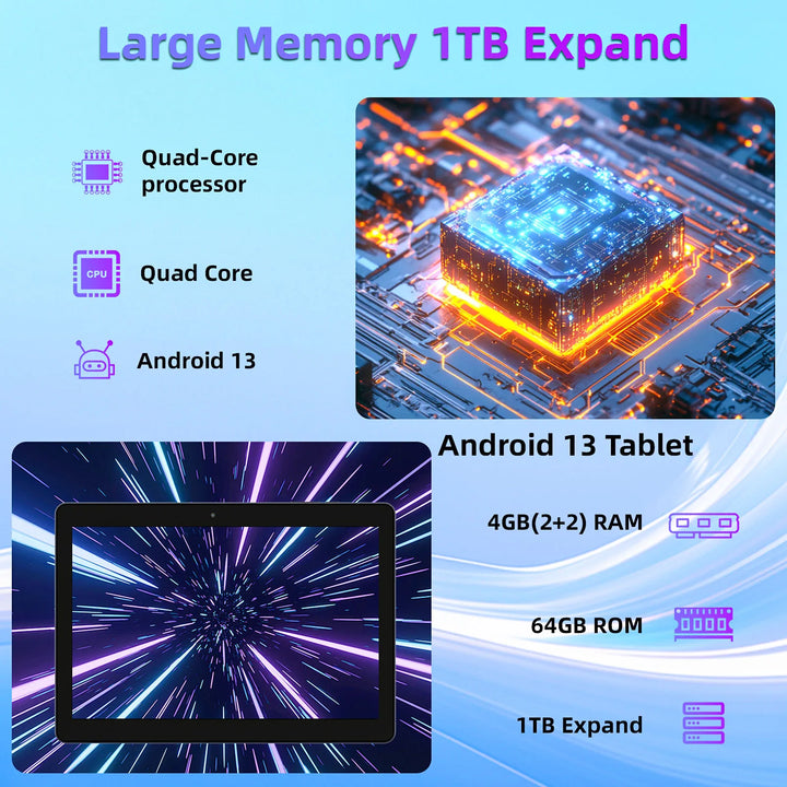 BAKEN 10.1-inch Android13 tablet, 4(2+2)GB+64GB, quad-core processor, dual cameras, wifi, Bluetooth, 2-in-1 tablet