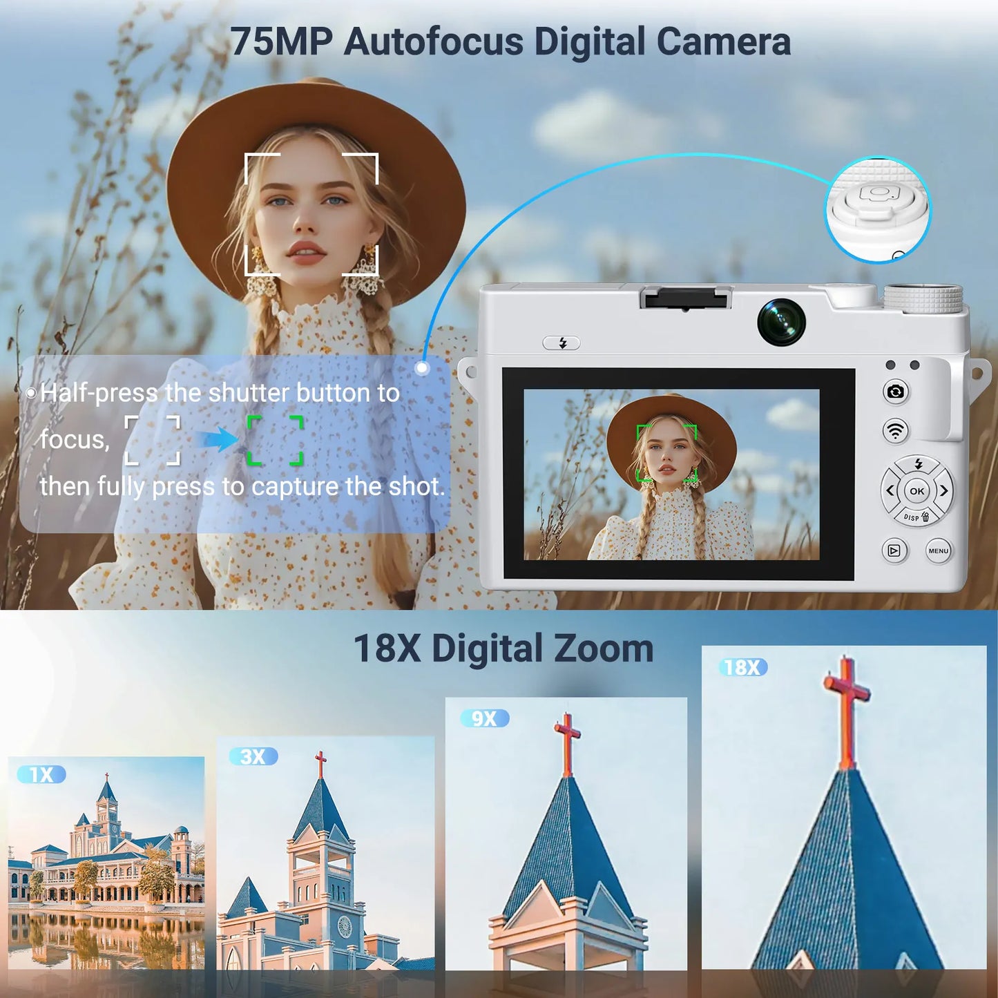 4K Digital Camera - 75MP Front & Rear with Autofocus & Anti-Shake, 3'' Selfie Vlogging Camera, Ultra Bright Flash, 18X Zoom