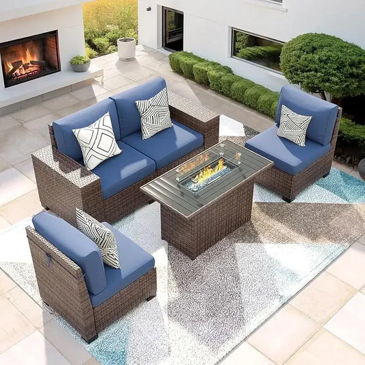 RPD4-7 Piece Patio Furniture Set Fire Pit Table. Outdoor Conversation Sets Wicker Rattan Sectional Sofa with Coffee TSZ