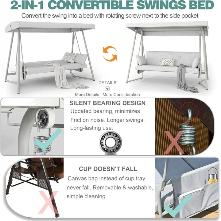 2026 New：3 to 4 Person Outdoor Patio Swing with Canopy 2-in-1 Swing Bed Adjustable Backrest 800 lbs Capacity Porch Swing with St
