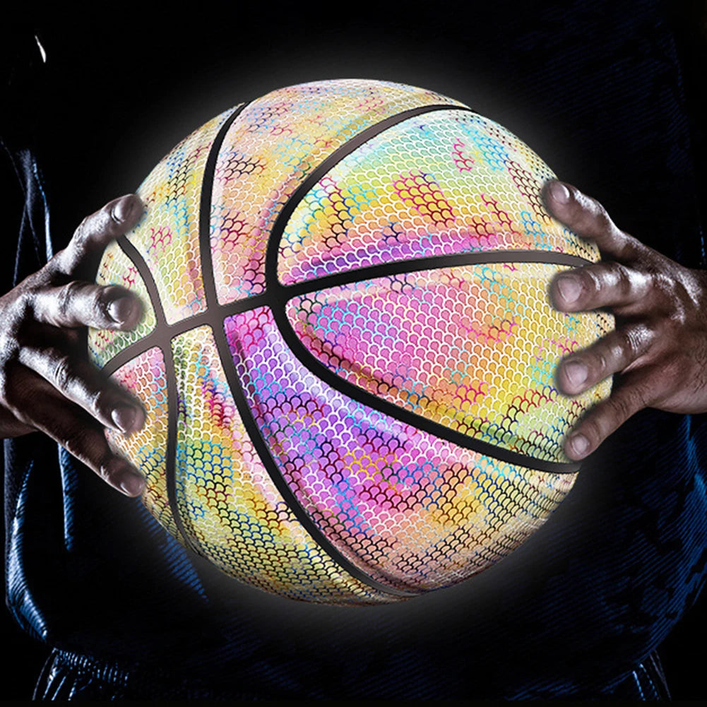 Luminous Basketball Ball Holographic Reflective Lighted Flash Ball PU Wear-Resistant Glowing Basketball Night Sports Game