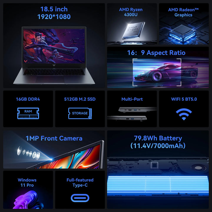 KAMRUI Laptop Computer 18.5" FHD 7000mAh Intel N150/R3 4300U 3.7GHz Windows11 PRO 16GB DDR4 512GB M.2 SSD WiFi5 Desktop Notebook