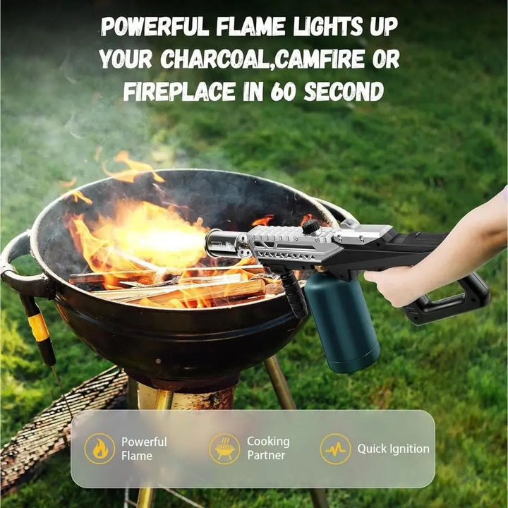 Powerful grill torch gun igniting charcoal in a grill, showcasing adjustable grill torch gun in action outdoors.