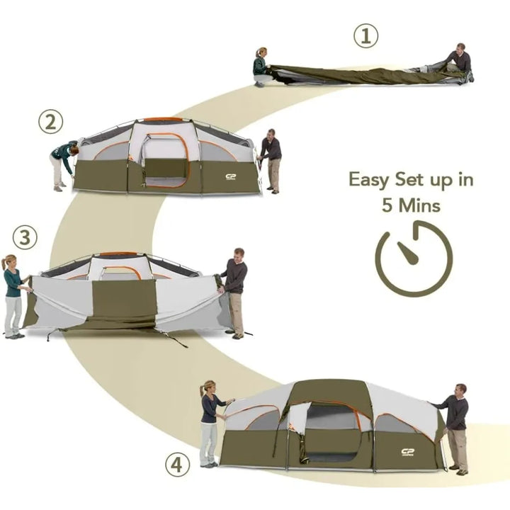 Tent 8 Person Camping Tents, Weather Resistant Family Tent, 5 Large Mesh Windows, Double Layer,Olive