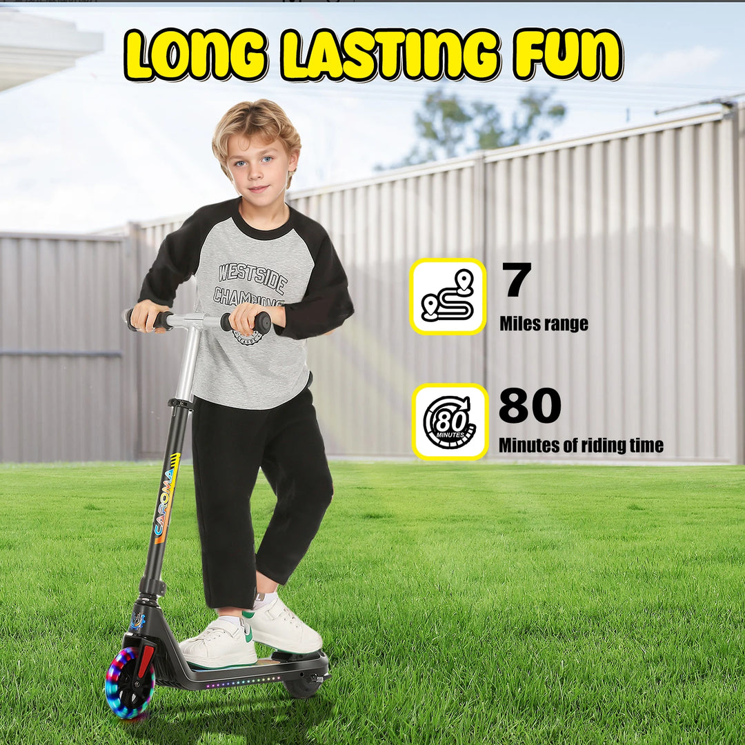 CAROMA Electric Scooter for Kids Ages 6-14,120W Motor,Colorful Light,Adjustable Height&Speed,Foldable scooter,UL 1 Year Warranty