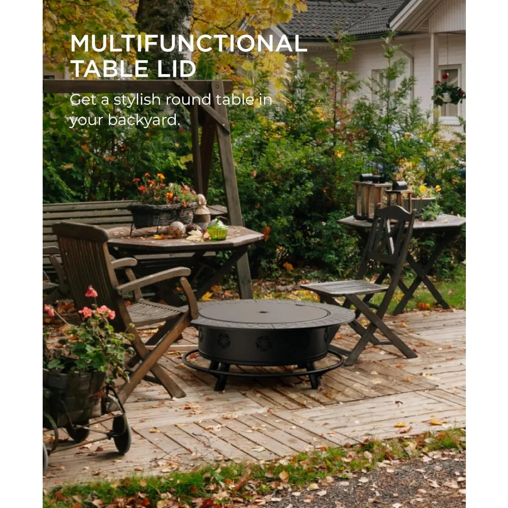 43 Inch Fire Pit with BBQ Grill, Wood Burning Fire Pits for Outside with Lid & Poker, Extra Large Heavy Duty Firepits, BBQ & Out